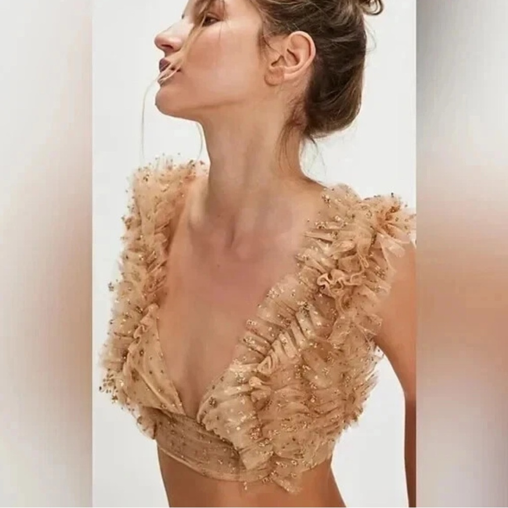 Free People Gold Ruffle Tulle Crop Top